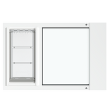 A frontal view of the white Thermo Sash 3e pet window solution for cats, ready for installation in a sash window. This is a convenient window pet door for cats.