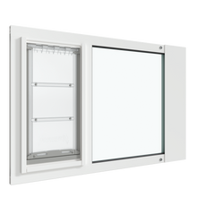 A white Thermo Sash 3e cat flap for window is displayed, designed for seamless integration with sash windows. This pet door offers a secure entry and exit point