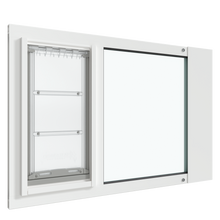 A white Thermo Sash 3e pet door for window is displayed, designed for seamless integration with sash windows. This window pet door can also function as a small window cat door.
