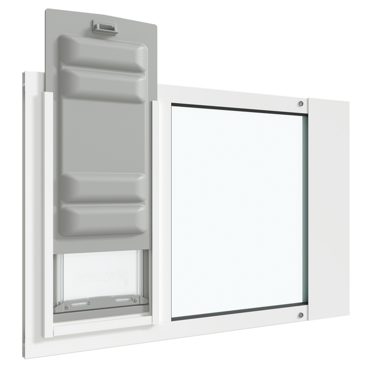 An angled view of the white Thermo Sash 3e cat doors installed in a sash window with the Endura Flap slightly raised