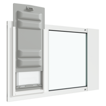 An angled view of the white Thermo Sash 3e sash window cat door with the Endura Flap slightly raised, illustrating its use as a cat door in window.