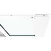 The top section of a white Thermo Sash 3e cat door for windows is shown closed in a window, illustrating its integration with the sash window frame.