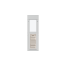 A white pet door with a clear top portion and a multi-panel beige bottom panel.