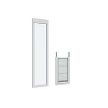 A white-framed window and a white-framed pet door with transparent flaps are seen on a white background.