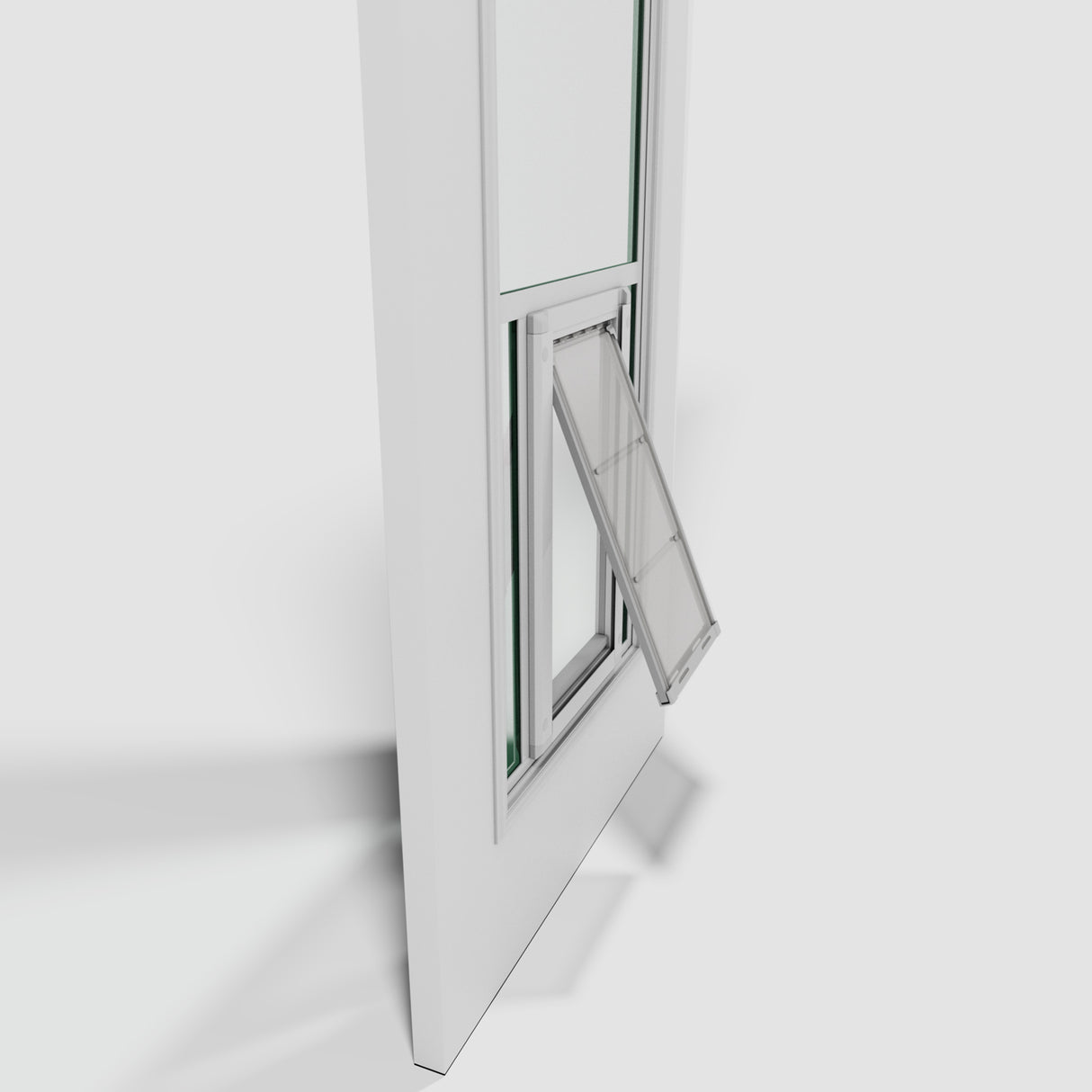 A white window with a small pet door is partially open.