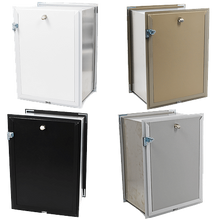 Four small, partly open metal cabinets in white, brown, black, and gray.