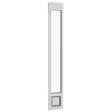 A black patio door insert with clear window and pet door.