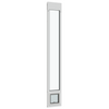 A black patio door insert with clear window and pet door.