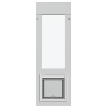 A white door insert with a glass panel above a pet door.