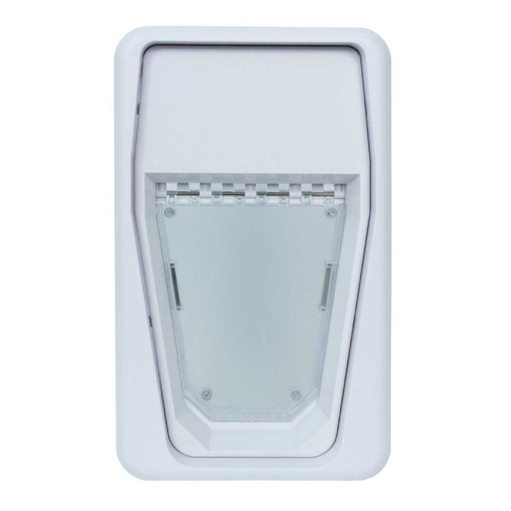 A white pet door with a clear, hinged flap.
