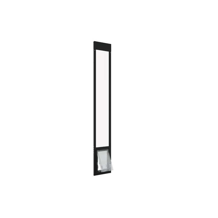 A black Dragon brand double flap pet door insert for aluminum sliding glass doors, open. The door features an efficient two-piece flap design to improve insulation.