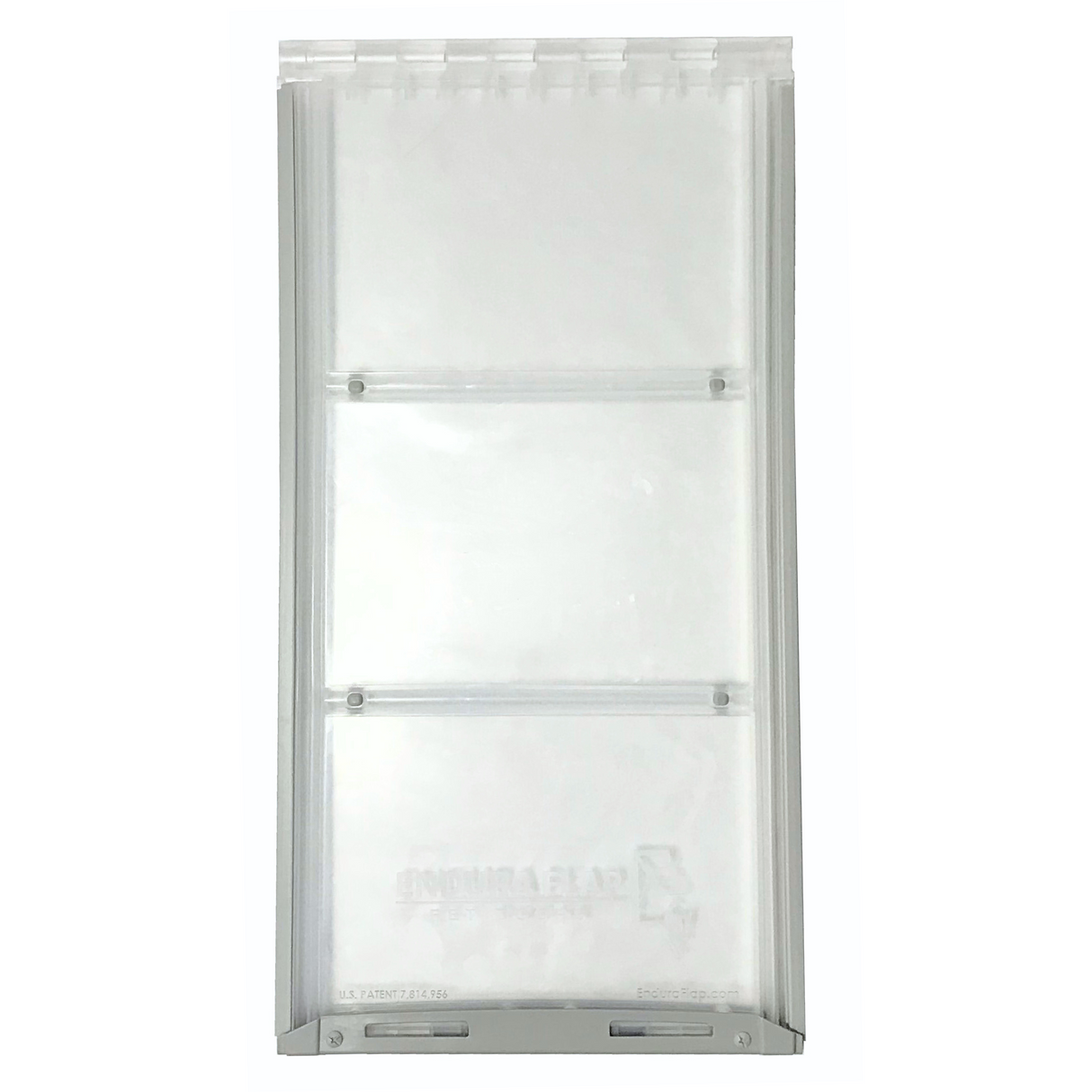 Rectangular clear pet door flap with a silver frame.