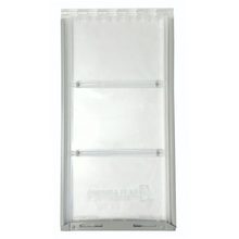 Rectangular clear pet door flap with a silver frame.