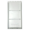 Rectangular clear pet door flap with a silver frame.