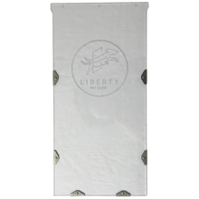 A clear pet door with the Liberty Pet Door logo and metal corner brackets.