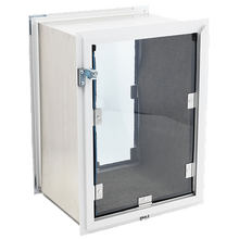 A white-framed, rectangular pet door with a partially open clear panel and a dark mesh panel.