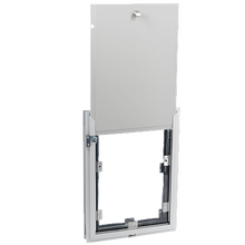 A white dog door with a sliding panel, shown in the open position.