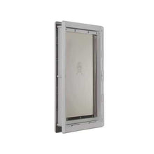 A pet door with a frame and a flexible flap.