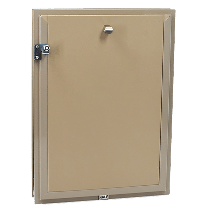 A Hale brand tan-colored pet door.