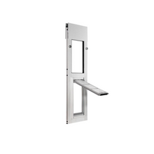 A silver-framed window insert with a hinged pet door flap.