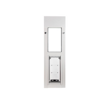 White pet door with a clear flap and a separate opening above.