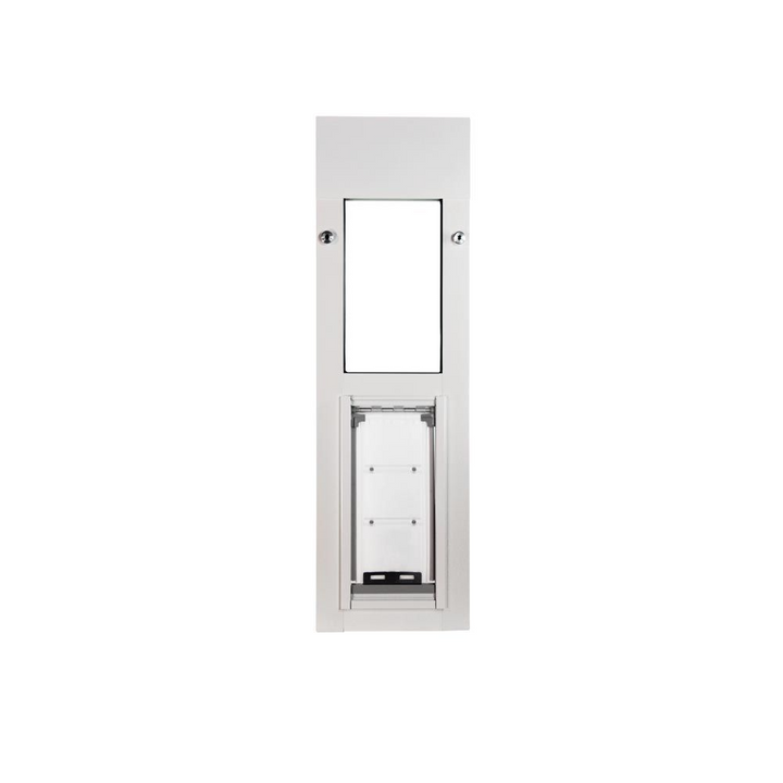 White pet door with a clear flap and a separate opening above.