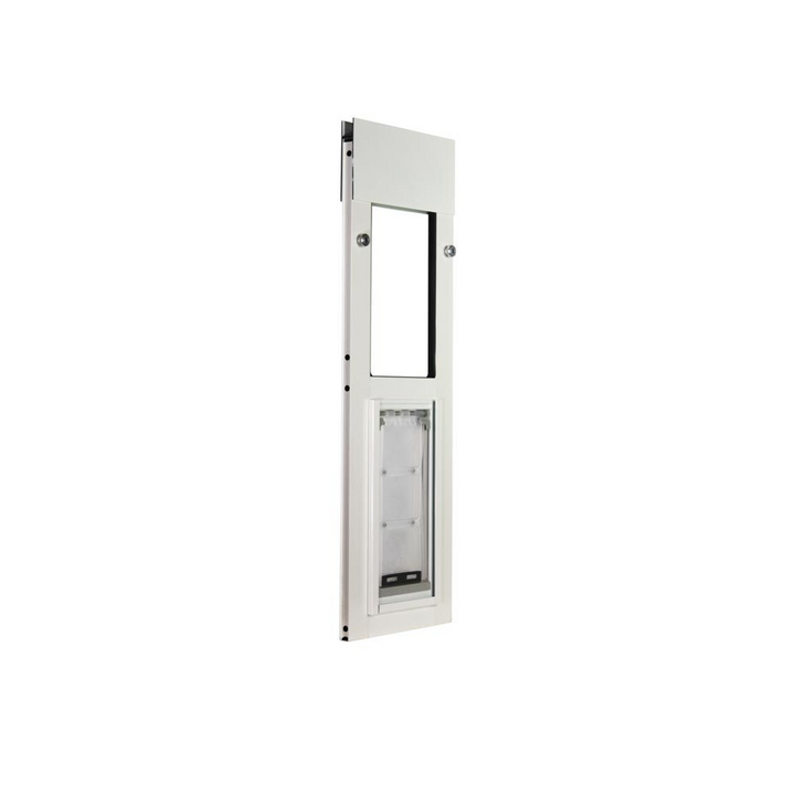 White sliding glass door pet door insert.