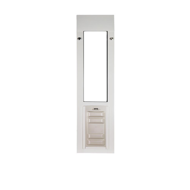 A white sliding glass door pet door insert.