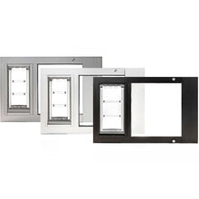 Three sliding glass door pet door inserts in silver, white, and black finishes are shown on a white background.
