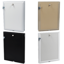 Four different colored wall-mounted access doors.