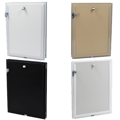 Four different colored wall-mounted access doors.