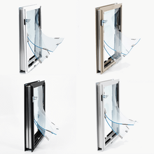 Four wall-mounted pet doors are displayed in silver, tan, black, and white.