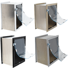 Four wooden enclosures with hinged clear doors and metal latches are arranged in a grid.