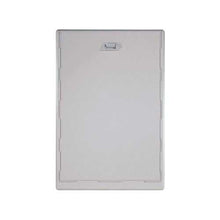 A gray, rectangular panel with a small latch mechanism at the top.