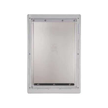 Rectangular metal pet door frame with a metal door.