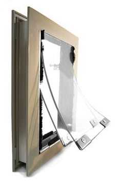 Pet door with a flexible, transparent flap._Color_Tan