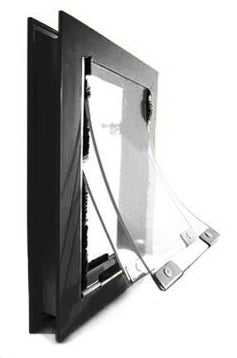 Black and white image of an open, framed glass panel with metal hinges attached._Color_Black