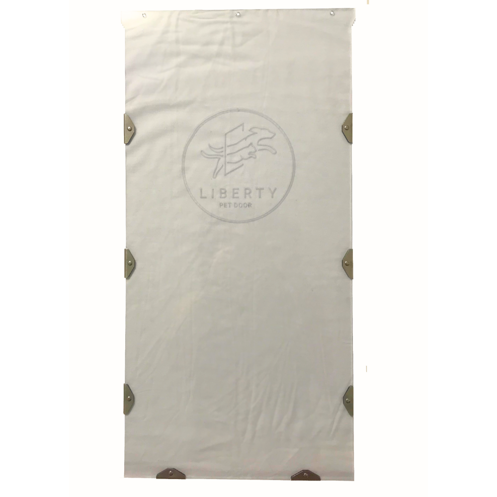 A white pet door replacement flap, featuring the Liberty Pet Door logo, with metal corner reinforcements.
