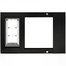 A black pet door insert for sliding glass doors.