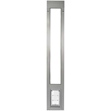 A silver-colored door insert with a large window and a small pet door at the bottom._Color_Brushed_Aluminum