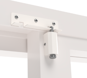 A white door stop mounted to a door frame.