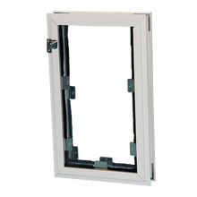 White window frame with hardware.