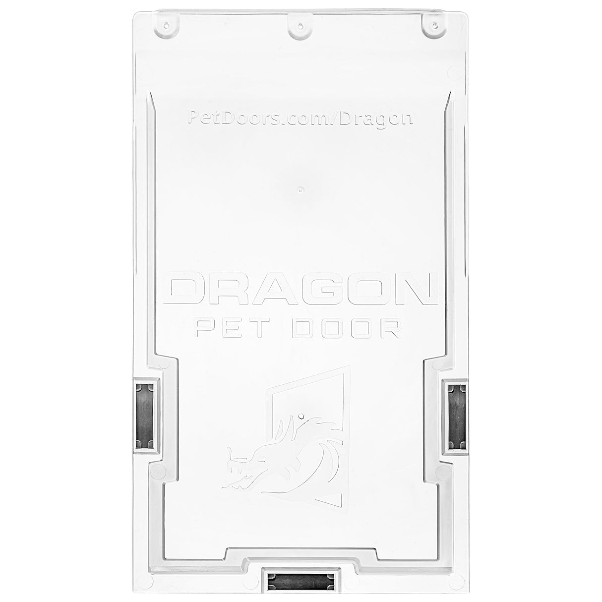 White plastic pet door flap with "Dragon Pet Door" branding.