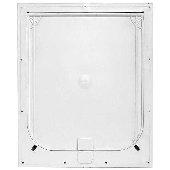 White, square pet door with a locking mechanism.