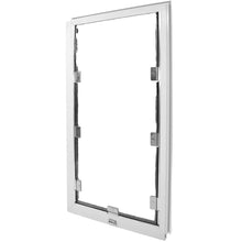 An empty white-framed pet door with metal attachments is angled on a white background_Color_White