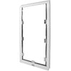 An empty white-framed pet door with metal attachments is angled on a white background_Color_White