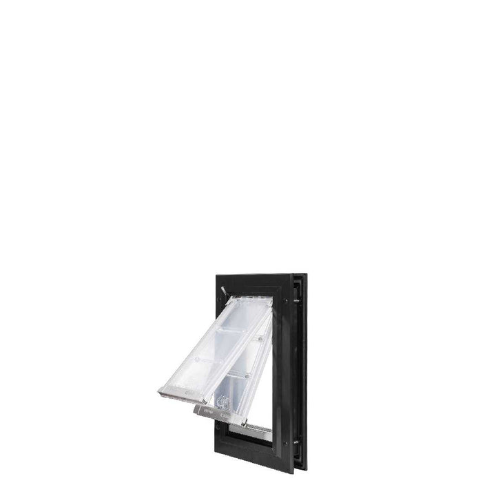 A black-framed pet door with two clear, flexible flaps.