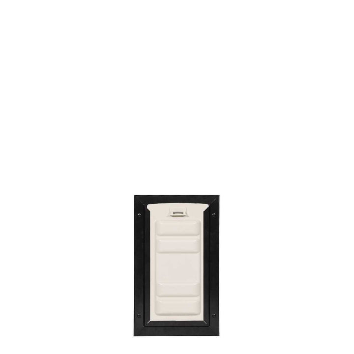 A white dog door with a black frame on a white background.
