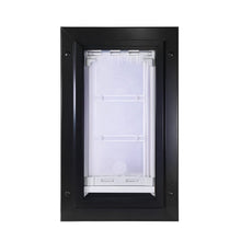 A black-framed pet door with a clear multi-paneled flap._Color_Black