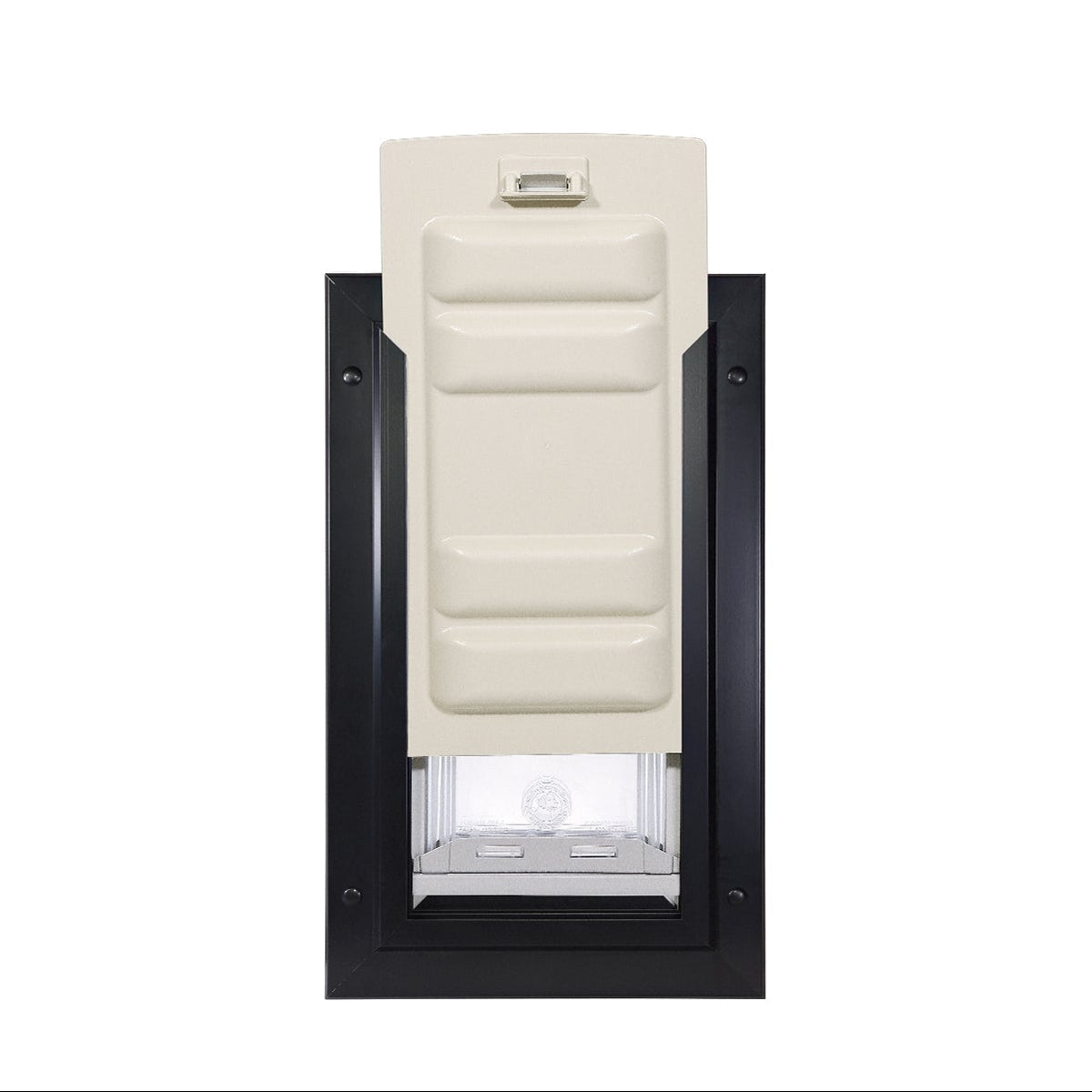 Pet door with a black frame and a closed, light-beige flap.